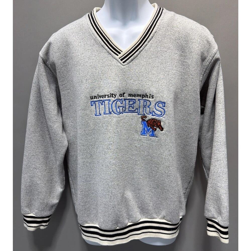 Memphis Tigers Vintage Fleece Sweater V Neck Dynasty Large Gray Embroidered NCAA